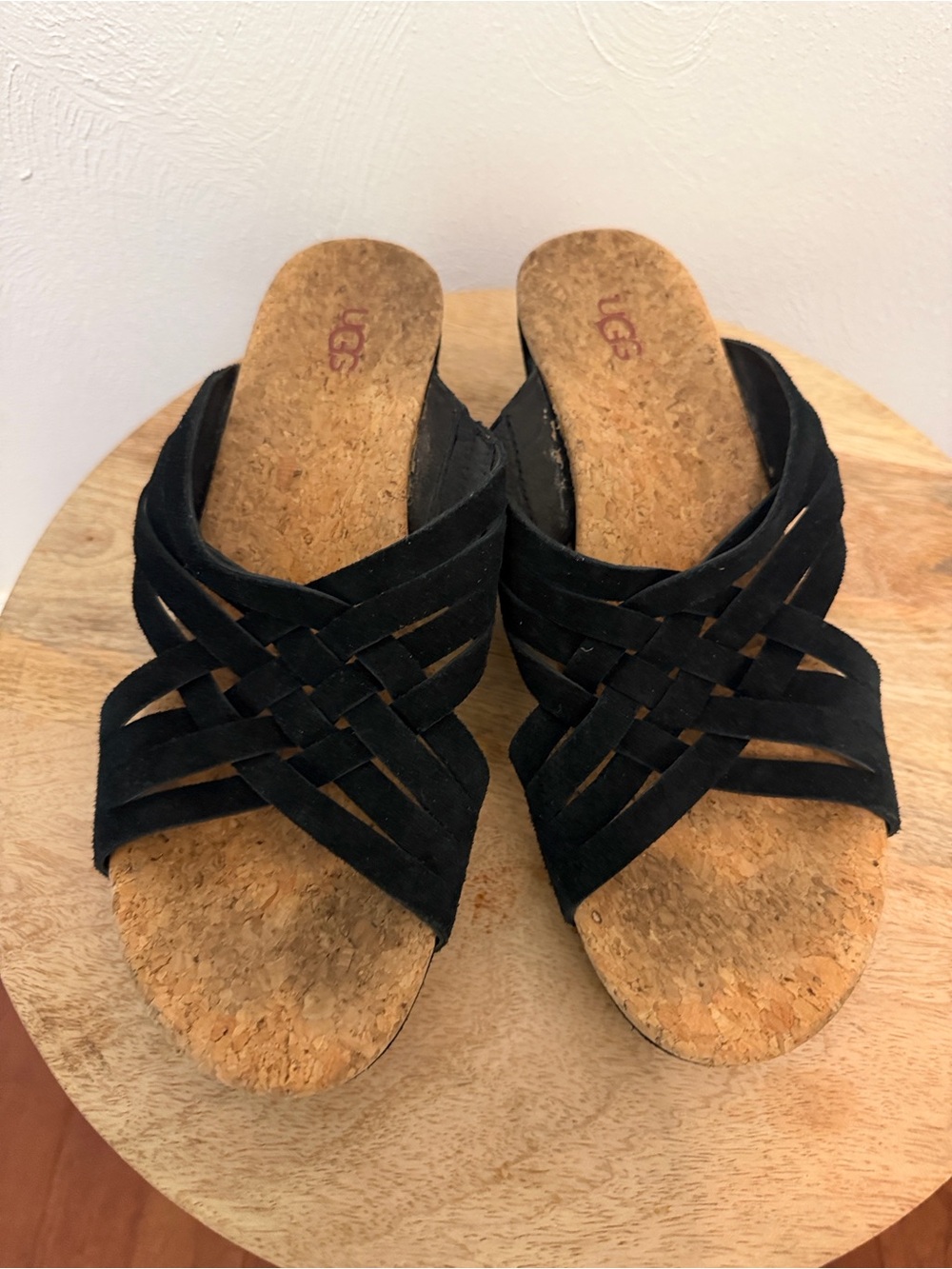 UGG Black Cork Wedge Slide Sandals with Braided Straps